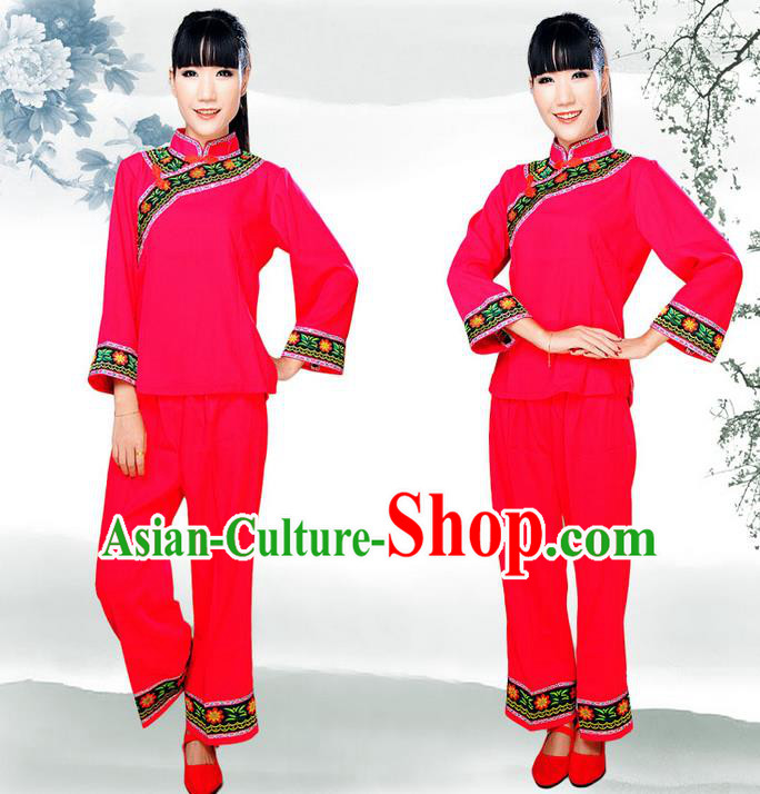 Traditional Chinese Tujia Nationality Dancing Costume, Tujiazu Female Folk Dance Ethnic Dress, Chinese Tujia Minority Nationality Embroidery Costume for Women