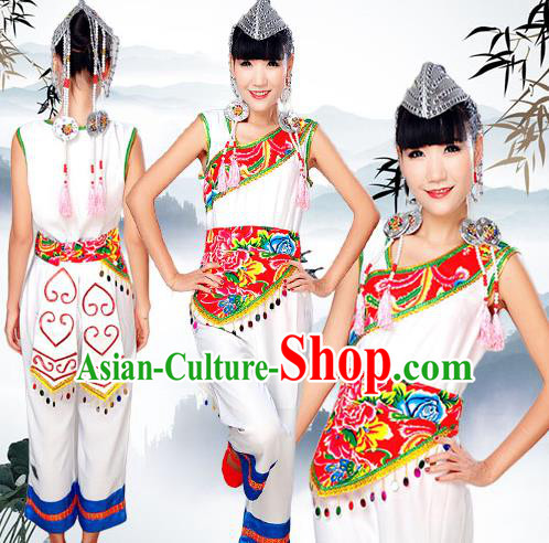 Traditional Chinese Yi Nationality Dancing Costume, Yizu Female Folk Dance Ethnic Dress, Chinese Yi Minority Nationality Embroidery Costume for Women