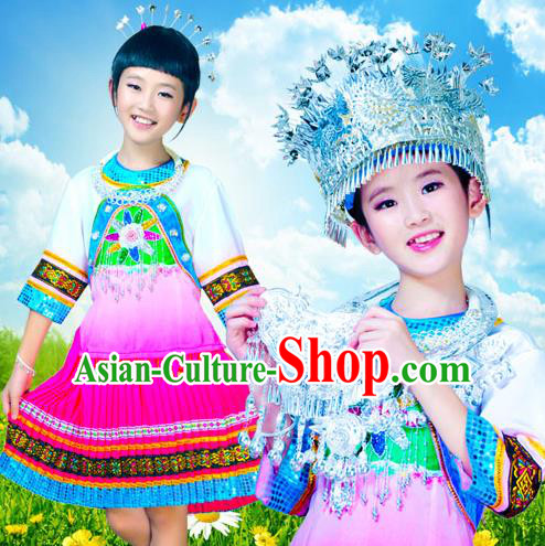 Traditional Chinese Miao Nationality Dancing Costume Accessories Necklace and Longevity Lock, Hmong Children Folk Dance Ethnic Pleated Skirt and Headwear, Chinese Minority Tujia Nationality Embroidery Costume and Hat for Kids