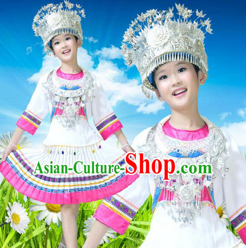 Traditional Chinese Miao Nationality Dancing Costume Accessories Necklace and Longevity Lock, Hmong Children Folk Dance Ethnic Pleated Skirt and Headwear, Chinese Minority Tujia Nationality Embroidery Costume and Hat for Kids