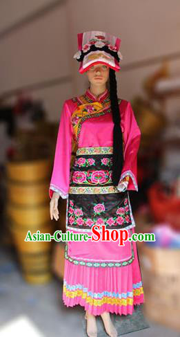 Traditional Chinese Qiang Nationality Dancing Costume, Qiangzu Female Folk Dance Ethnic Sealand Karp Pleated Skirt, Chinese Minority Qiang Nationality Embroidery Costume for Women