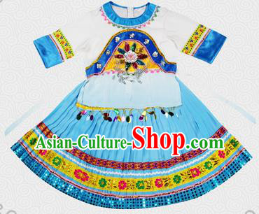 Traditional Chinese Miao Nationality Dancing Costume, Hmong Children Folk Dance Ethnic Pleated Skirt, Chinese Minority Tujia Nationality Embroidery Costume for Kids