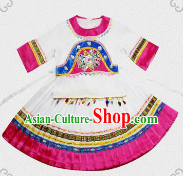 Traditional Chinese Miao Nationality Dancing Costume, Hmong Children Folk Dance Ethnic Pleated Skirt, Chinese Minority Tujia Nationality Embroidery Costume for Kids