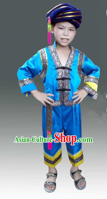 Traditional Chinese Miao Nationality Dancing Costume, Hmong Children Folk Dance Ethnic Dress, Chinese Minority Tujia Nationality Embroidery Costume for Boys Kids