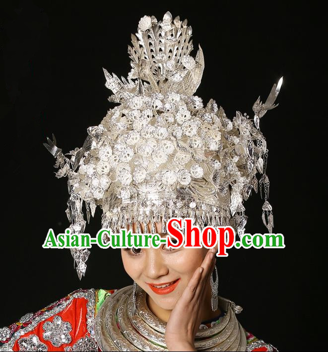 Traditional Chinese Miao Nationality Phoenix Silver Headwear, Hmong Female Folk Wedding Ethnic Accessories Crown, Chinese Minority Nationality Jewelry Accessories Hairpins for Women