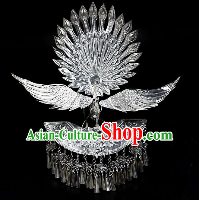 Traditional Chinese Miao Nationality Phoenix Silver Headwear, Hmong Female Folk Wedding Ethnic Accessories Crown, Chinese Minority Nationality Jewelry Accessories Hairpins for Women