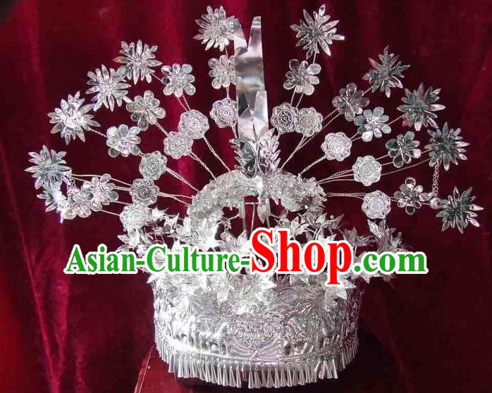Traditional Chinese Miao Nationality Phoenix Silver Headwear, Hmong Female Folk Wedding Hat, Ethnic Accessories Crown, Chinese Minority Nationality Jewelry Accessories Hairpins for Women