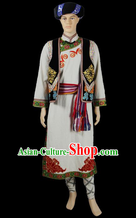 Traditional Chinese Qiang Nationality Dancing Costume, Qiangzu Male Folk Dance Ethnic Dress, Chinese Minority Qiang Nationality Embroidery Costume for Men