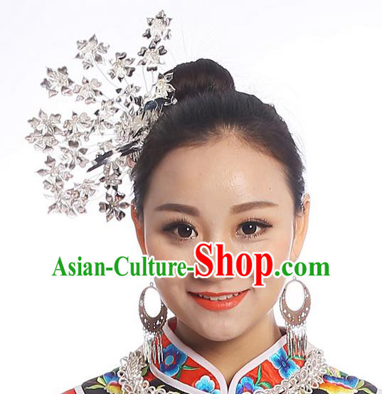 Traditional Chinese Miao Nationality Phoenix Silver Headwear, Hmong Female Folk Wedding Hat, Ethnic Accessories Crown, Chinese Minority Nationality Jewelry Accessories Hairpins for Women