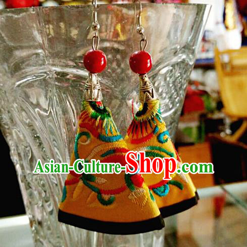 Traditional Chinese Miao Nationality Earrings, Hmong Female Folk Wedding Embroidery Earrings, Chinese Minority Nationality Jewelry Accessories for Women