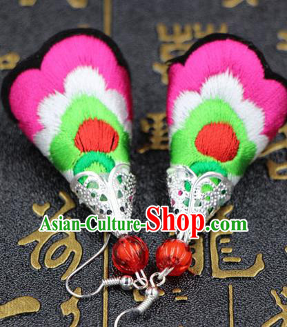 Traditional Chinese Miao Nationality Earrings, Hmong Female Folk Wedding Embroidery Earrings, Chinese Minority Nationality Jewelry Accessories for Women