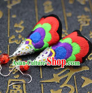 Traditional Chinese Miao Nationality Earrings, Hmong Female Folk Wedding Embroidery Earrings, Chinese Minority Nationality Jewelry Accessories for Women