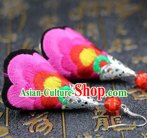 Traditional Chinese Miao Nationality Earrings, Hmong Female Folk Wedding Embroidery Earrings, Chinese Minority Nationality Jewelry Accessories for Women