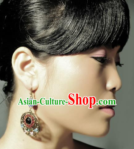 Traditional Chinese Miao Nationality Earrings, Hmong Female Folk Wedding Earrings, Chinese Minority Nationality Jewelry Accessories for Women