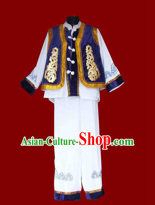 Traditional Chinese Bai Nationality Dancing Costume, Baizu Male Folk Dance Ethnic Dress, Chinese Minority Bai Nationality Embroidery Costume for Men