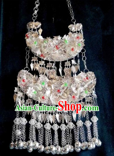 Traditional Chinese Miao Nationality Necklace, Longevity Lock, Hmong Folk Wedding Phoenix Silver Collar for Women