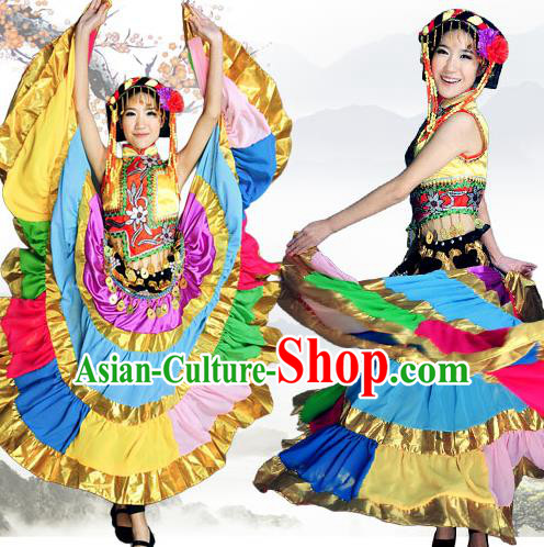 Traditional Chinese Yi Nationality Dancing Costume, Yizu Female Folk Dance Ethnic Pleated Skirt, Chinese Minority Yi Nationality Embroidery Costume for Women