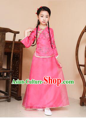Chinese Traditional Dress for Children Girl Kid Min Guo Clothes Ancient Chinese Costume Stage Show Rose Red