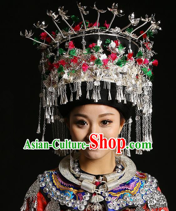 Traditional Chinese Miao Nationality Wedding Accessories Crown, Hmong Female Wedding Ethnic QingSiPa Silver Headwear, Chinese Minority Nationality Hat for Women