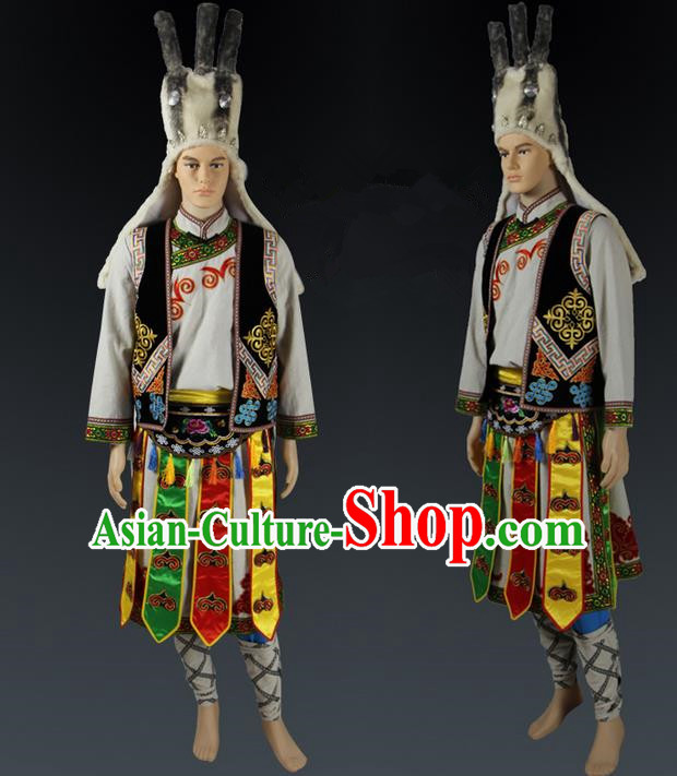 Traditional Chinese Qiang Nationality Dancing Costume, Qiangzu Male Folk Dance Ethnic Clothing, Chinese Minority Qiang Nationality Worship Ceremony Costume for Men