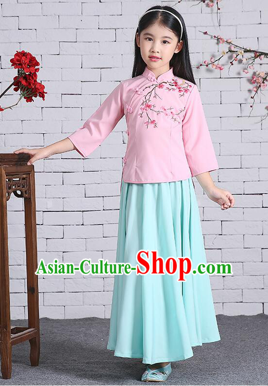 Chinese Traditional Dress for Girls Long Sleeves Kid Children Min Guo Clothes Ancient Chinese Costume Stage Show Pink Top Blue Skirt