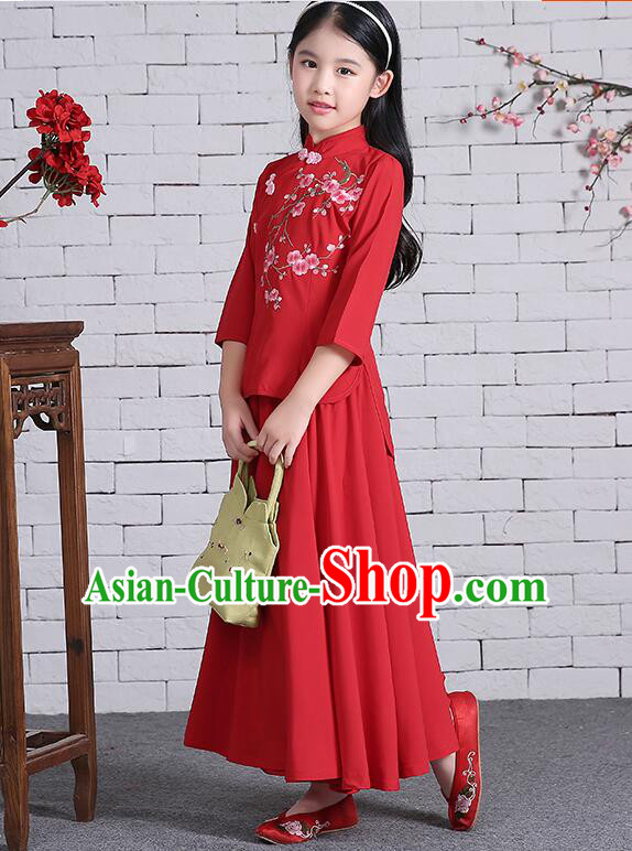 Chinese Traditional Dress for Girls Long Sleeves Kid Children Min Guo Clothes Ancient Chinese Costume Stage Show Red