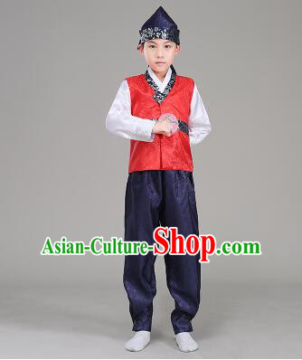 Korean Traditional Dress For Boys Children Clothes Kid Costume Stage Show Dancing Halloween Red Top Blue Pants