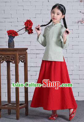 Chinese Traditional Dress for Girls Wu Si Period Student Dress Kid Children Min Guo Clothes Ancient Chinese Costume Stage Show Pink Top Green Skirt