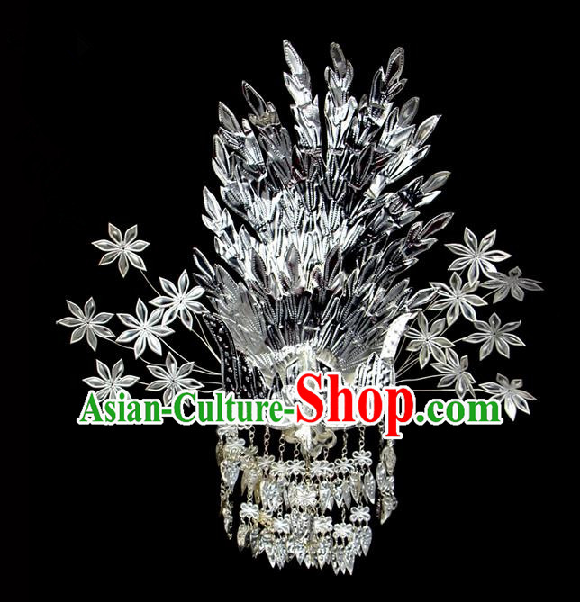 Traditional Chinese Miao Nationality Sliver Jewelry Accessories, Silver Phoenix Headwear, Hmong Ethnic Hair Accessories, Chinese Minority Miao Nationality Hat Crown for Women