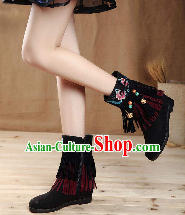 Traditional Chinese Folk Dance Shoes, China Female Embroidered Shoes, Chinese Minority Nationality Embroidery Ankle Boots for Women