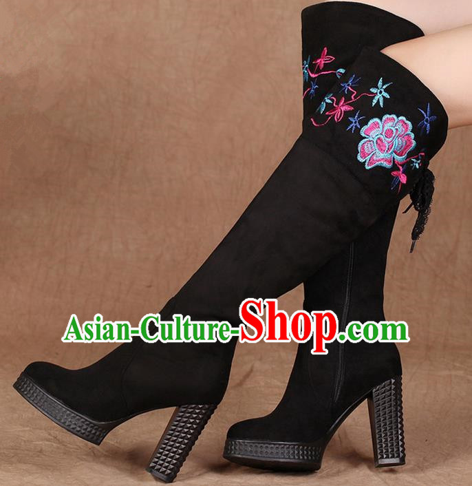 Traditional Chinese Folk Dance Shoes, China Female Embroidered Shoes, Chinese Minority Nationality Embroidery Knee High Boots for Women