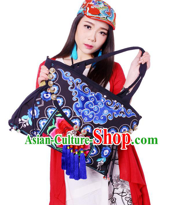 Traditional Chinese Miao Nationality Jewelry Accessories Bags, Hmong Ethnic Accessories Embroidery Shoulder Handbags for Women