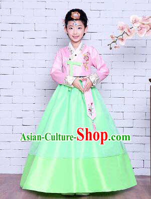 Korean Traditional Girl Dress Princess Clothes Children Dancing Costume Stage Show Halloween Pink Top Green Skirt