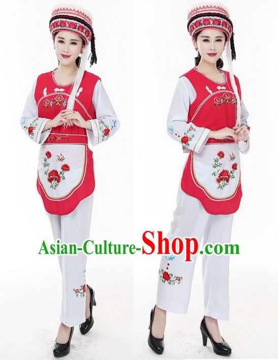 Traditional Chinese Bai Nationality Dancing Costume, Baizu Female Folk Dance Ethnic Dress, Chinese Minority Nationality Embroidery Costume for Women