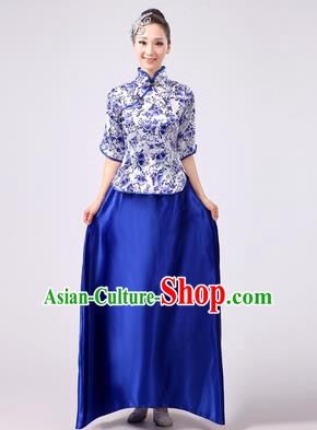 Traditional Chinese Modern Dancing Costume, Female Chorus of Blue and White Porcelain Dress, Folk Dance Yangko Costume For Women