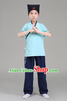 Han Fu For Children Chinese Traditional Dress Short Sleeves Stage Show Ceremonial Costumes Green Top Blue Pants