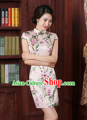 One Piece Dress Qi Pao Cheongsam Styel Short Sleeves Chinese Traditional Clothes Summer