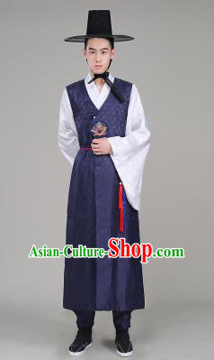 Korean Traditional Formal Dress for Men Clothes Traditional Korean Costumes Full Dress Formal Attire Ceremonial Dress Court Dark Blue