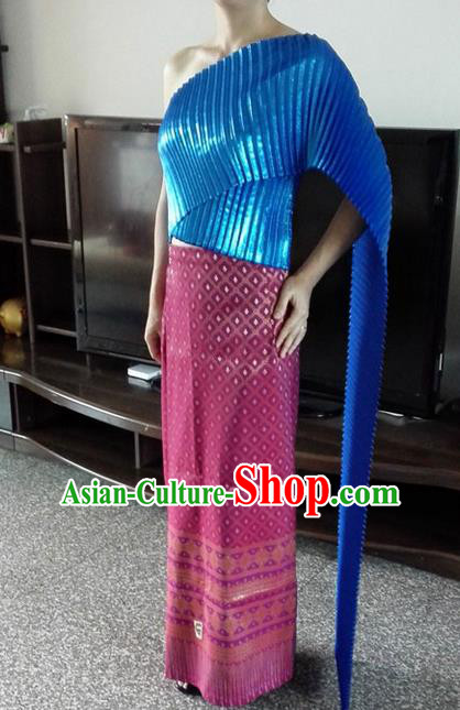 Traditional Asian Thai Wedding Costume Complete Set, Thai Wedding Black Fungus Edge Shawl, Thai Silk Fabrics Suit for Women