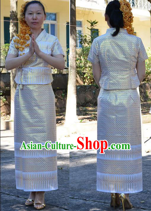 Traditional Asian Thai Costume Complete Set, Thai Waitress High Grade Silk Gold Thread Fabrics Suit for Women