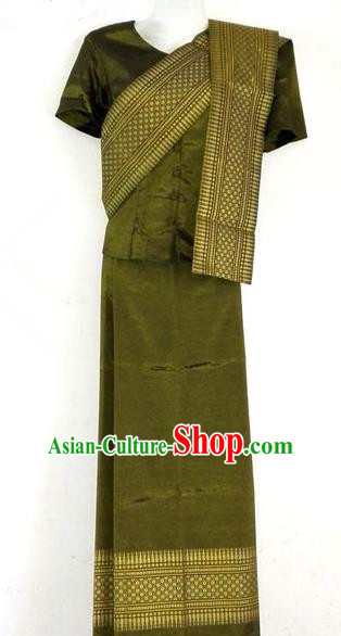 Traditional Asian Thai Costume Complete Set, Thai Waitress High Grade Silk Gold Thread Fabrics Shawl Suit for Women