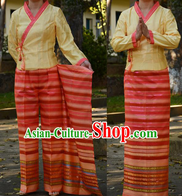 Traditional Asian Thai Costume Complete Set, Thai Waitress High Grade Silk Fabrics Shawl Suit for Women