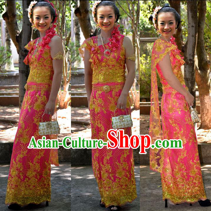 Traditional Asian Thai Palace Princess Wedding Double Gauze Costume Complete Set, Thai Shawl Royal Court Embroidery Clothing for Women