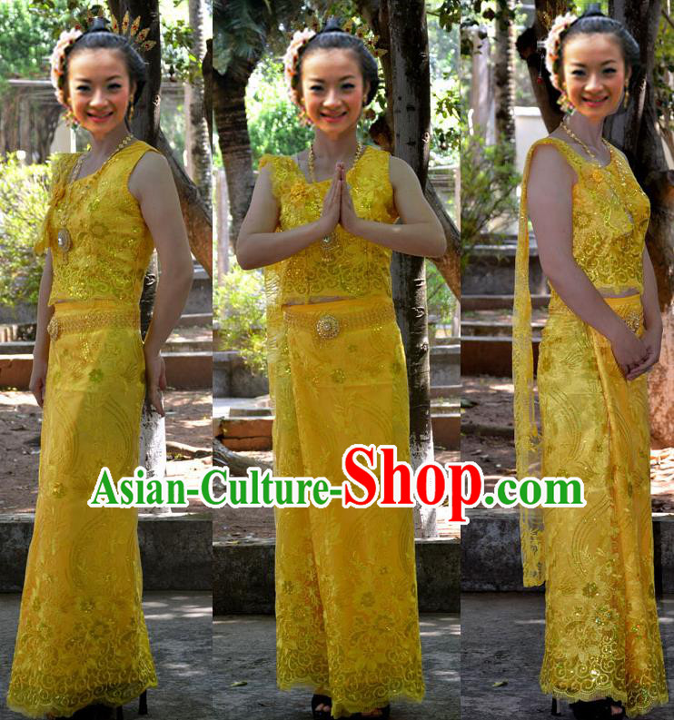 Traditional Asian Thai Palace Princess Wedding Double Gauze Costume Complete Set, Thai Shawl Royal Court Embroidery Clothing for Women