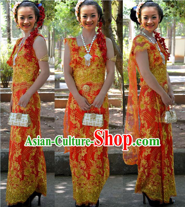 Traditional Asian Thai Palace Princess Wedding Double Gauze Costume Complete Set, Thai Shawl Royal Court Embroidery Clothing for Women