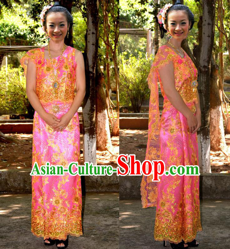 Traditional Asian Thai Palace Princess Wedding Double Gauze Costume Complete Set, Thai Shawl Royal Court Embroidery Clothing for Women