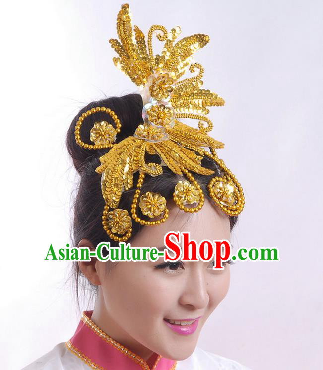 Traditional Chinese Yangge Hair Accessories, Fan Dancing Headwear, Folk Dance Yangko Headdress, China National Minority Dancing Stage Accessories