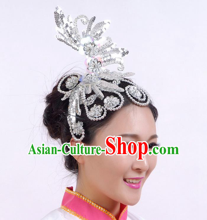 Traditional Chinese Yangge Hair Accessories, Fan Dancing Headwear, Folk Dance Yangko Headdress, China National Minority Dancing Stage Accessories