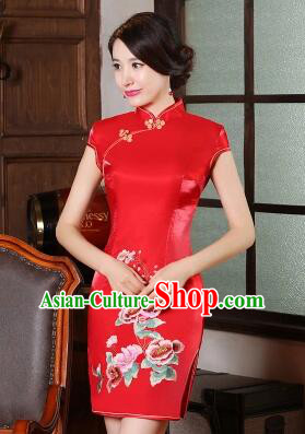 One Piece Dress Qi Pao Cheongsam Styel Short Sleeves Chinese Traditional Clothes