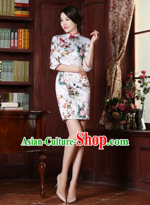 Chinese Traditional One Piece Dress Bracelet sleeve Three Quarter Sleeves Qi Pao Cheongsam Styel Short Sleeves Chinese Traditional Clothes Summer